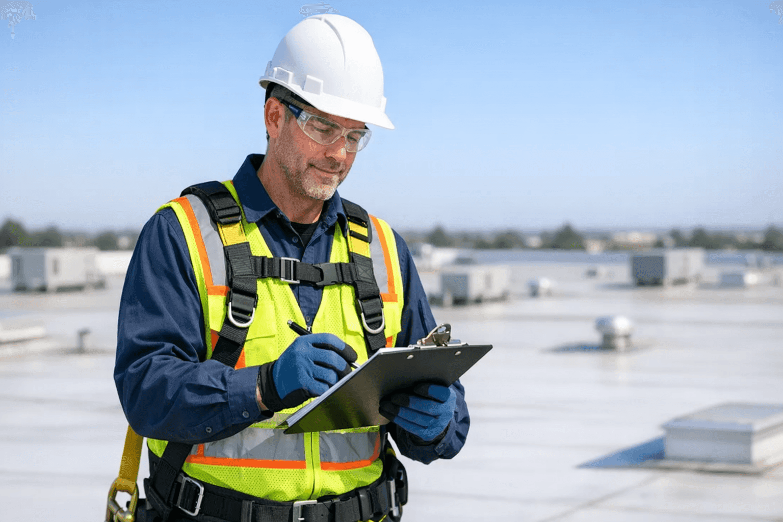 Technician inspecting flat commercial roof with checklist