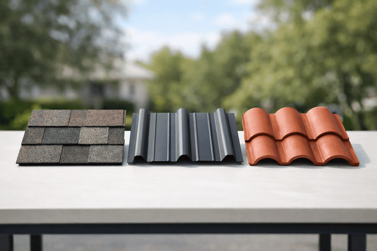 Display of shingle, metal, and tile roofing samples on table