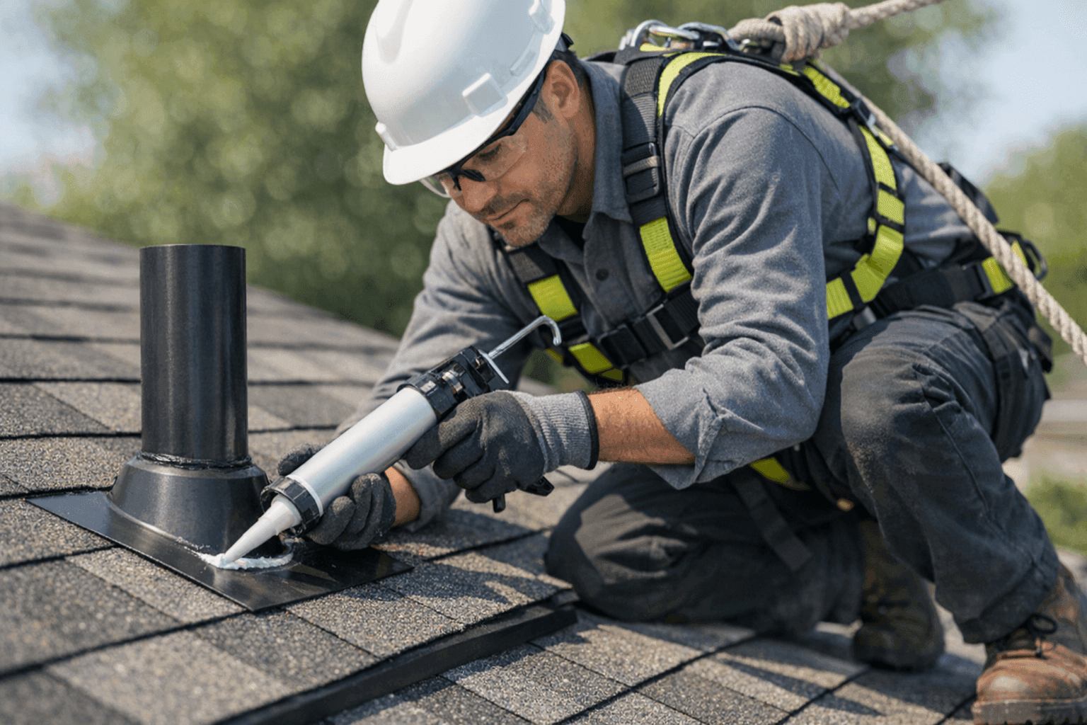 Technician sealing potential leak points on shingle roof