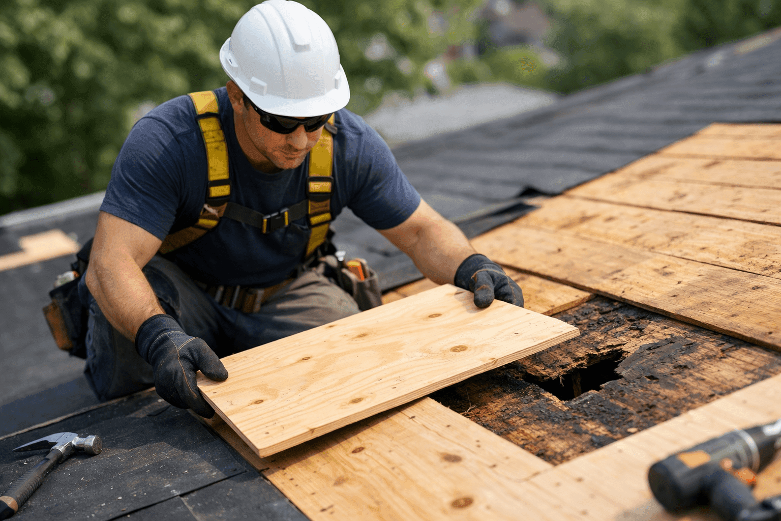 Technician replacing damaged roof decking panels
