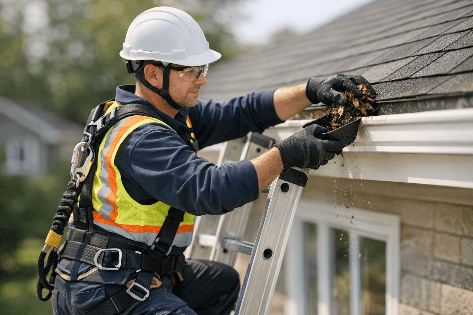 Technician safely cleaning gutters with ladder and PPE