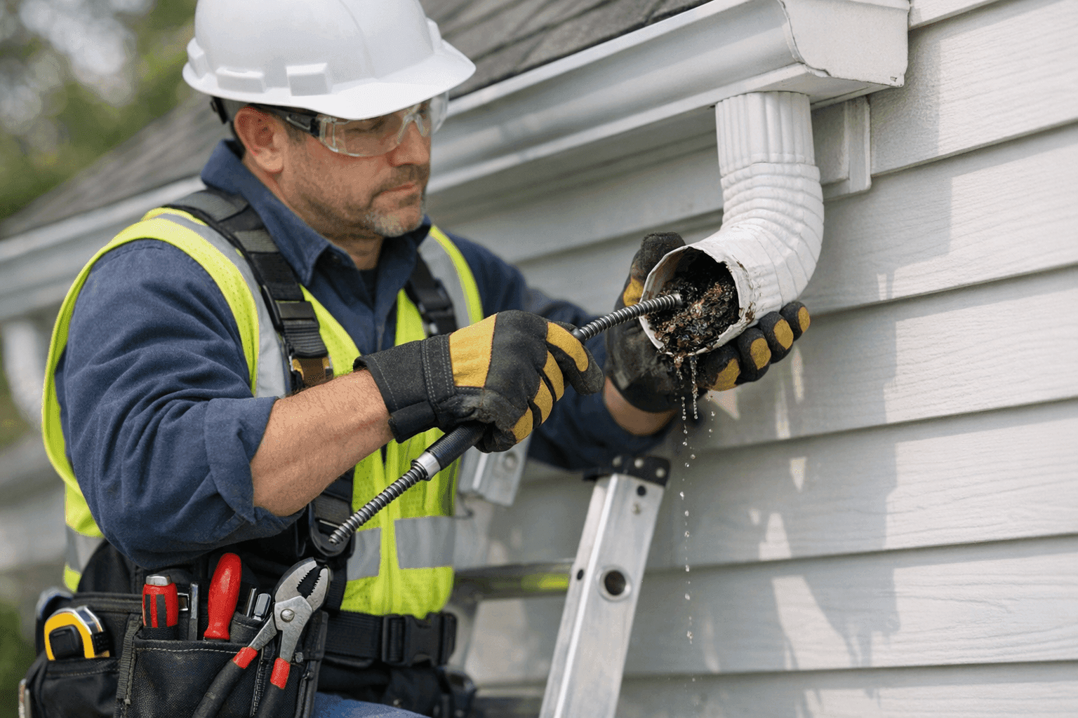 Technician repairing clogged downspout on home