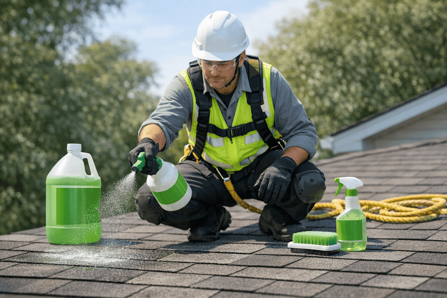 Technician using eco-friendly cleaning products on roof