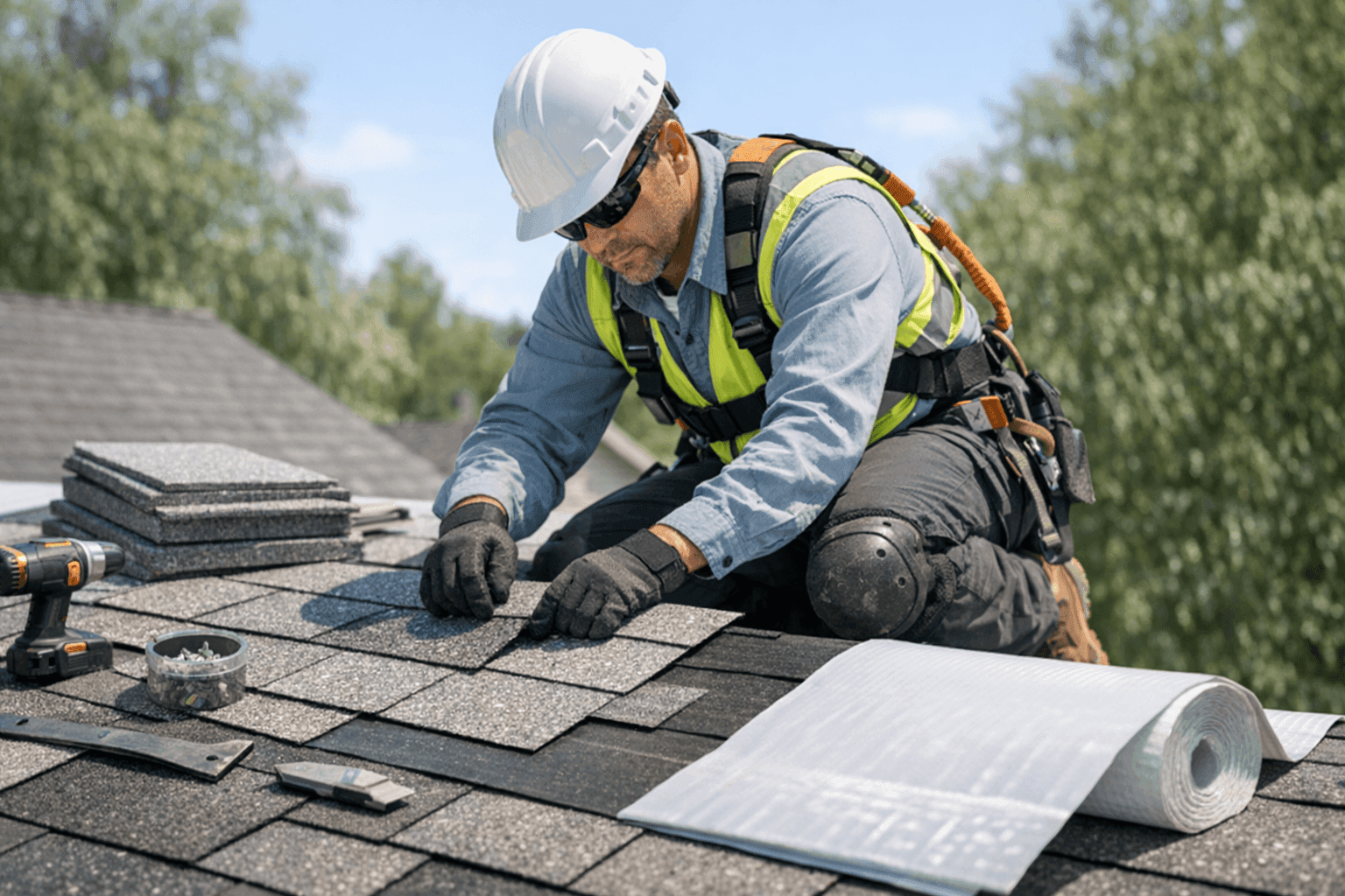 Technician installing energy-efficient eco-friendly roofing material