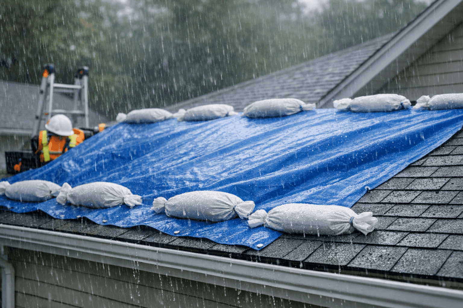 Tarp temporarily covering damaged residential roof in rain
