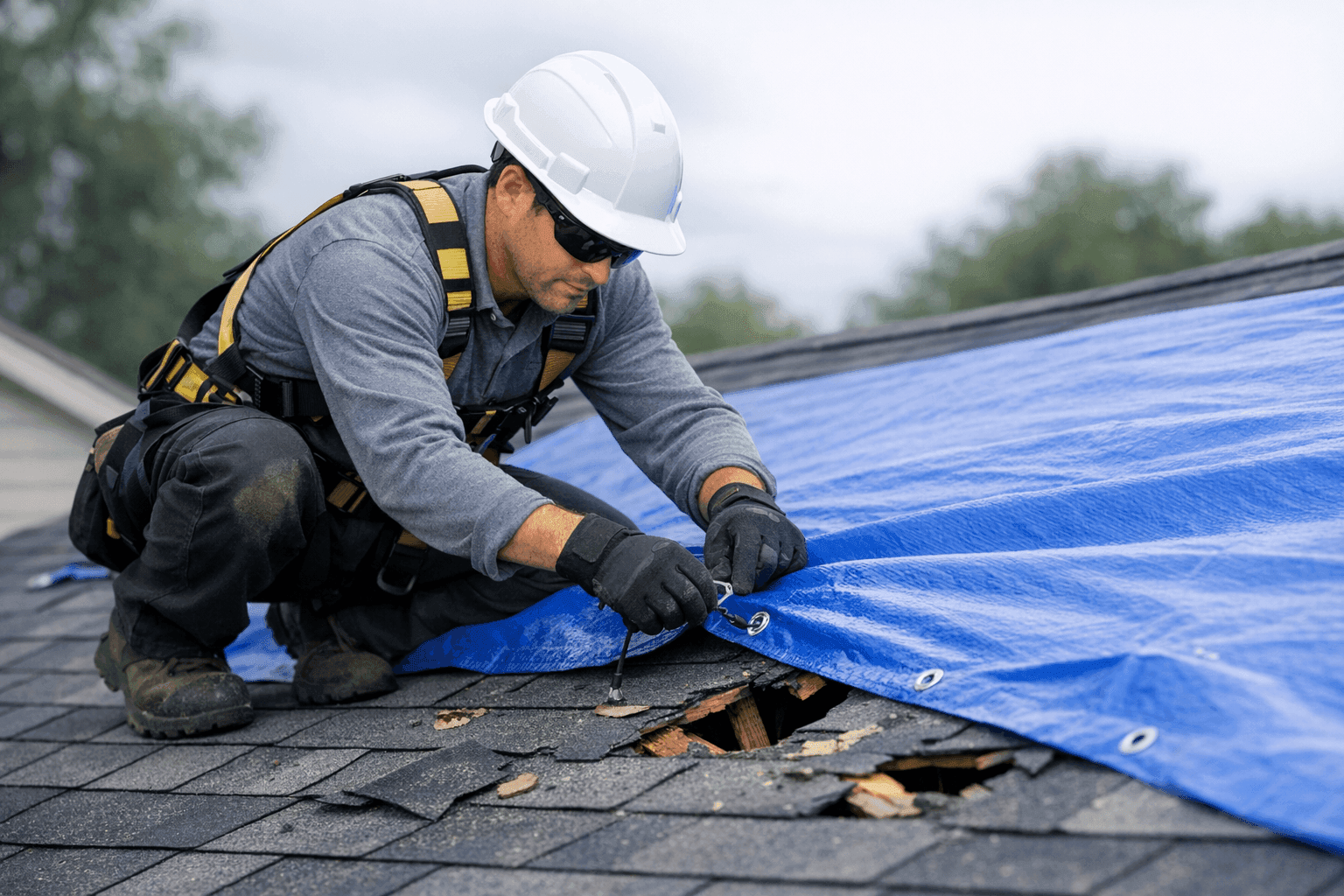 Technician placing emergency tarp on storm-damaged roof