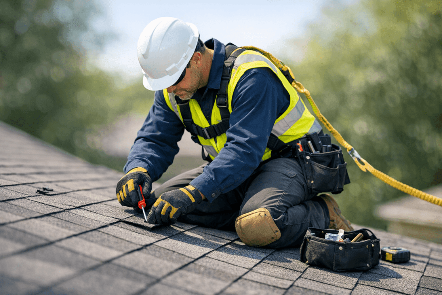 Technician performing routine roof maintenance on home