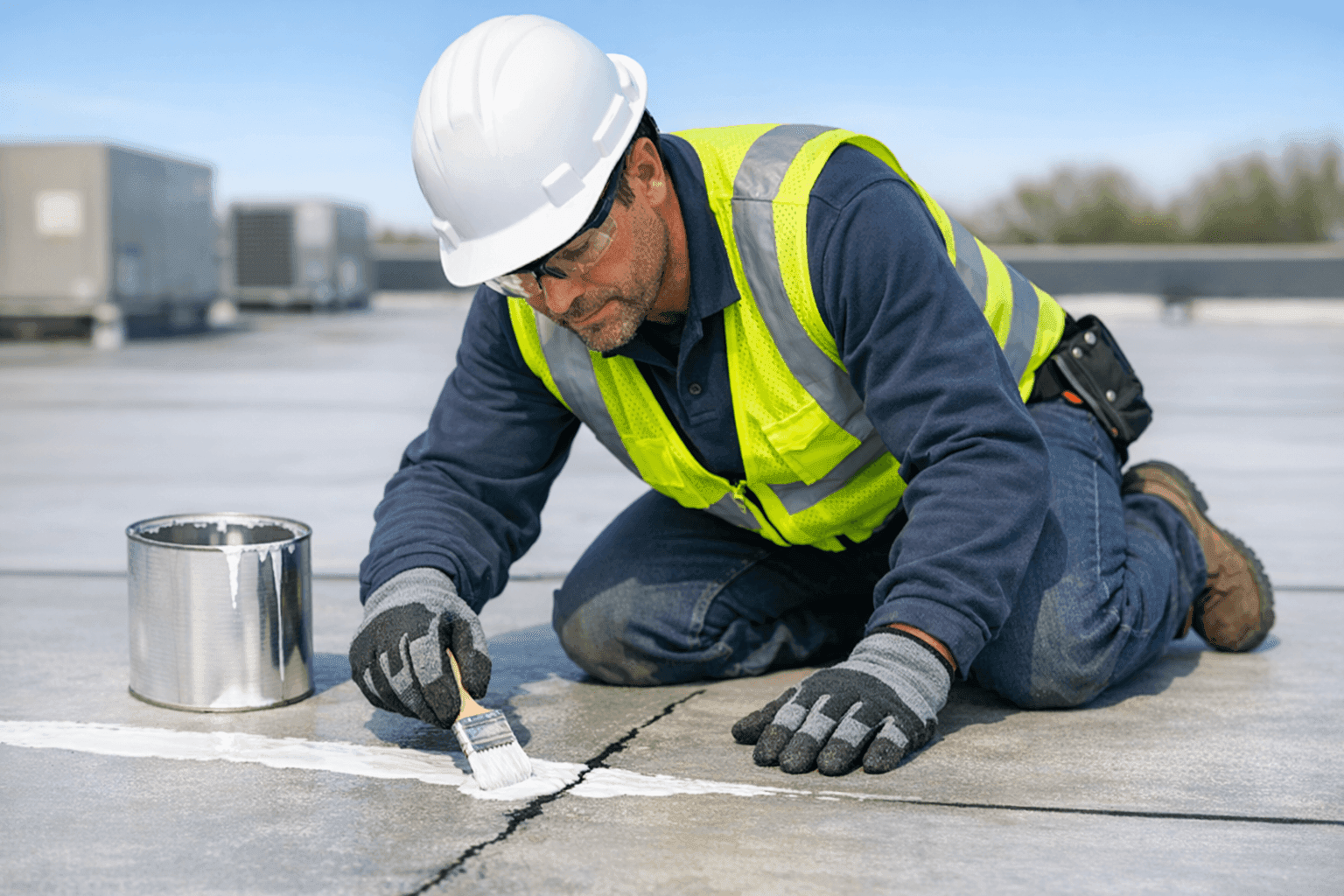 Technician sealing crack on flat roof membrane