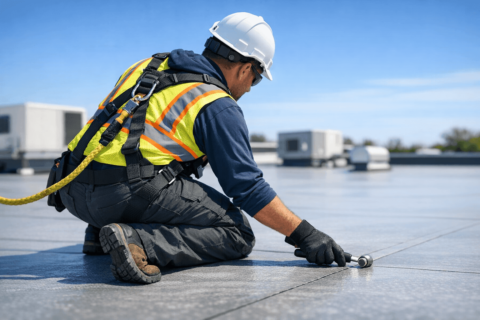 Technician inspecting flat roof membrane for damage