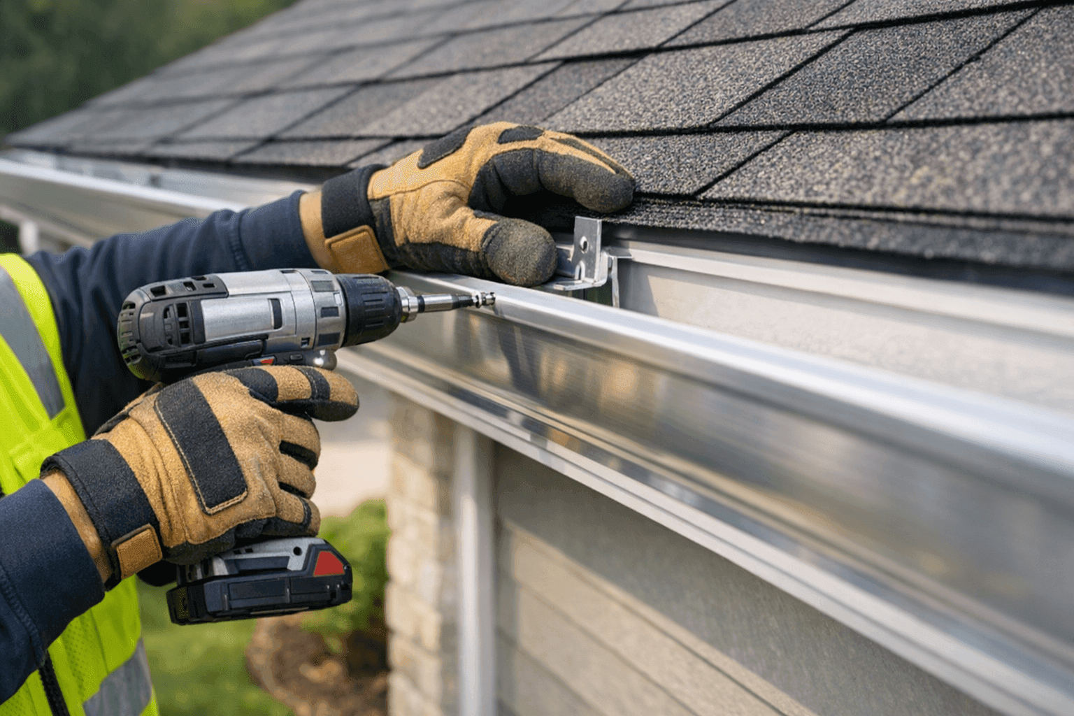 Technician installing seamless aluminum gutter on house