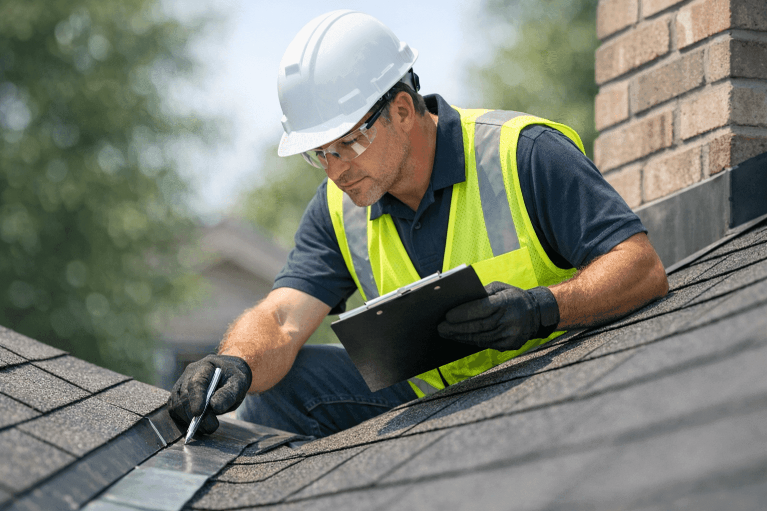 Certified inspector examining residential roof with checklist