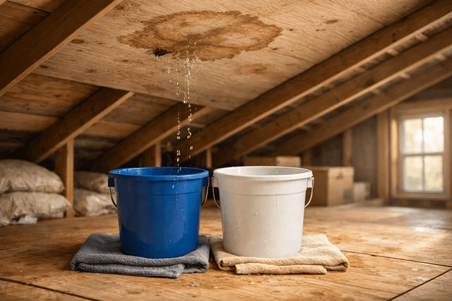Buckets and towels collecting rainwater from ceiling leak