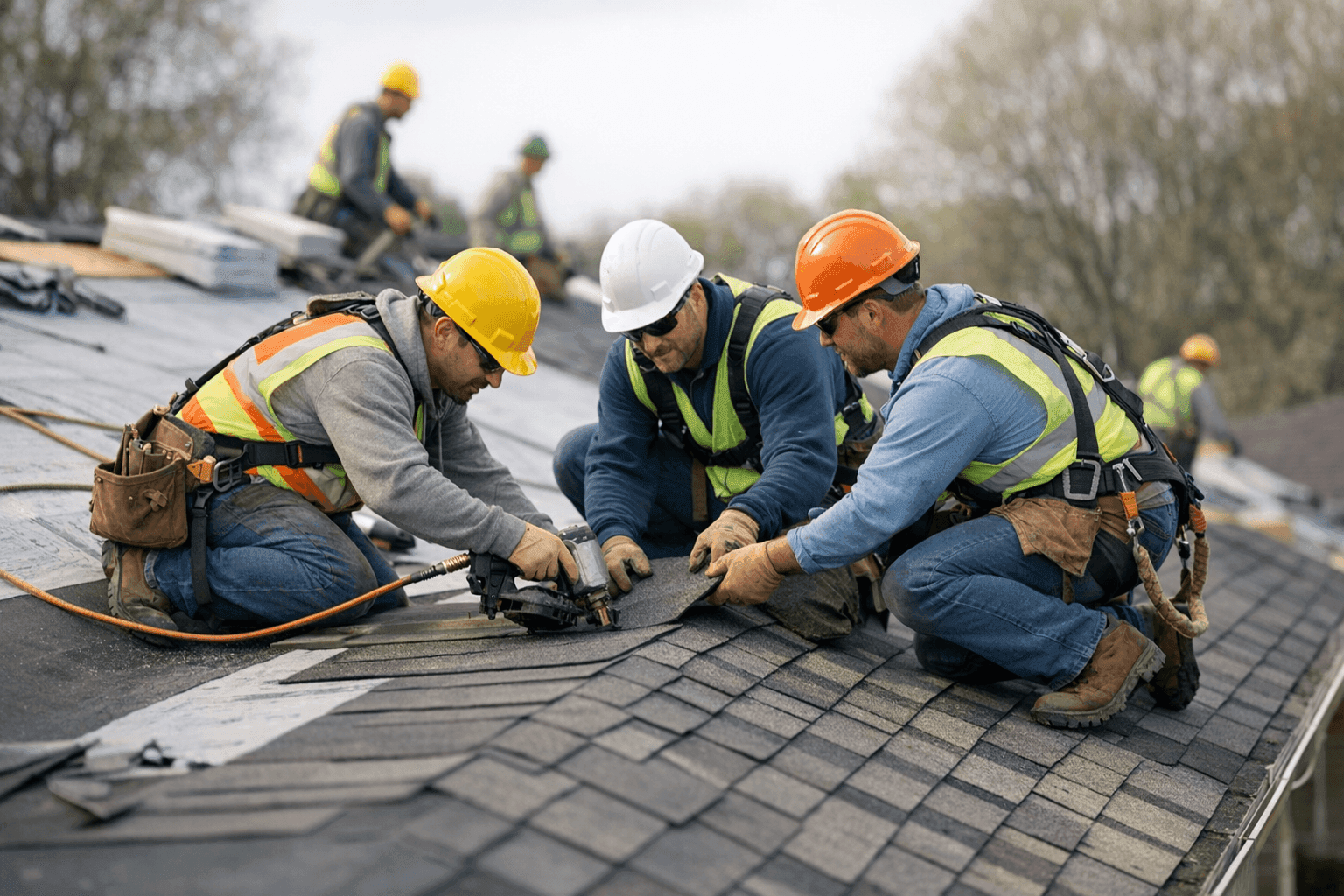 Professional roofing crew installing new roof on large home