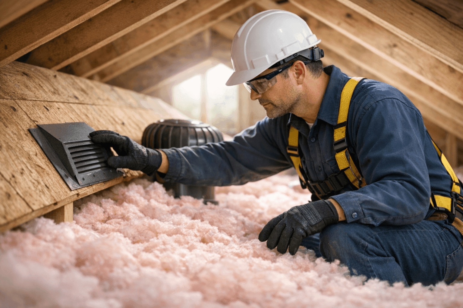 Technician inspecting attic ventilation and insulation