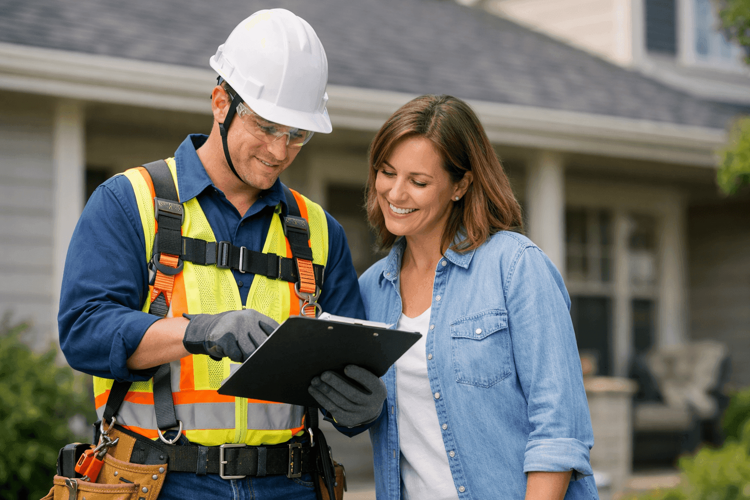 Roofing contractor reviewing plans with homeowner on-site