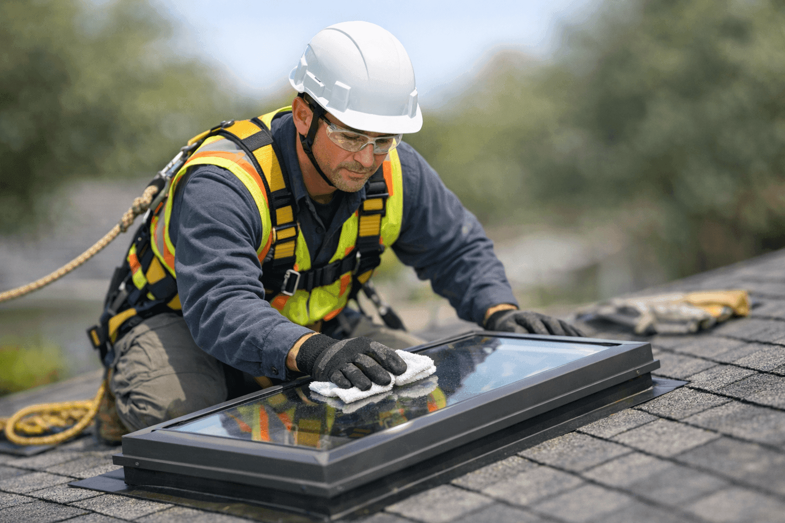 Technician cleaning skylight glass on residential roof