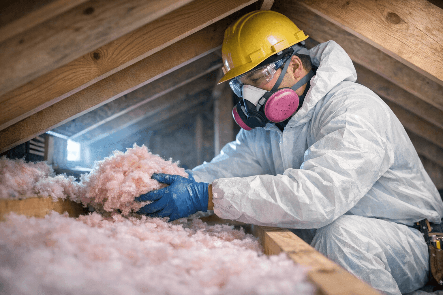 Technician insulating attic to prevent ice dams