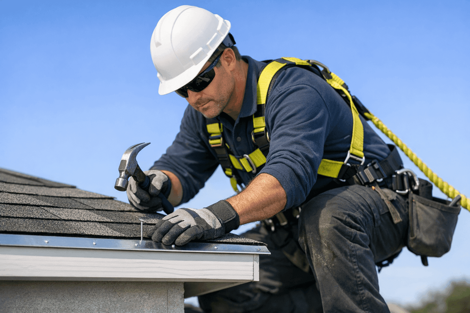 Technician reinforcing roof edge against high winds