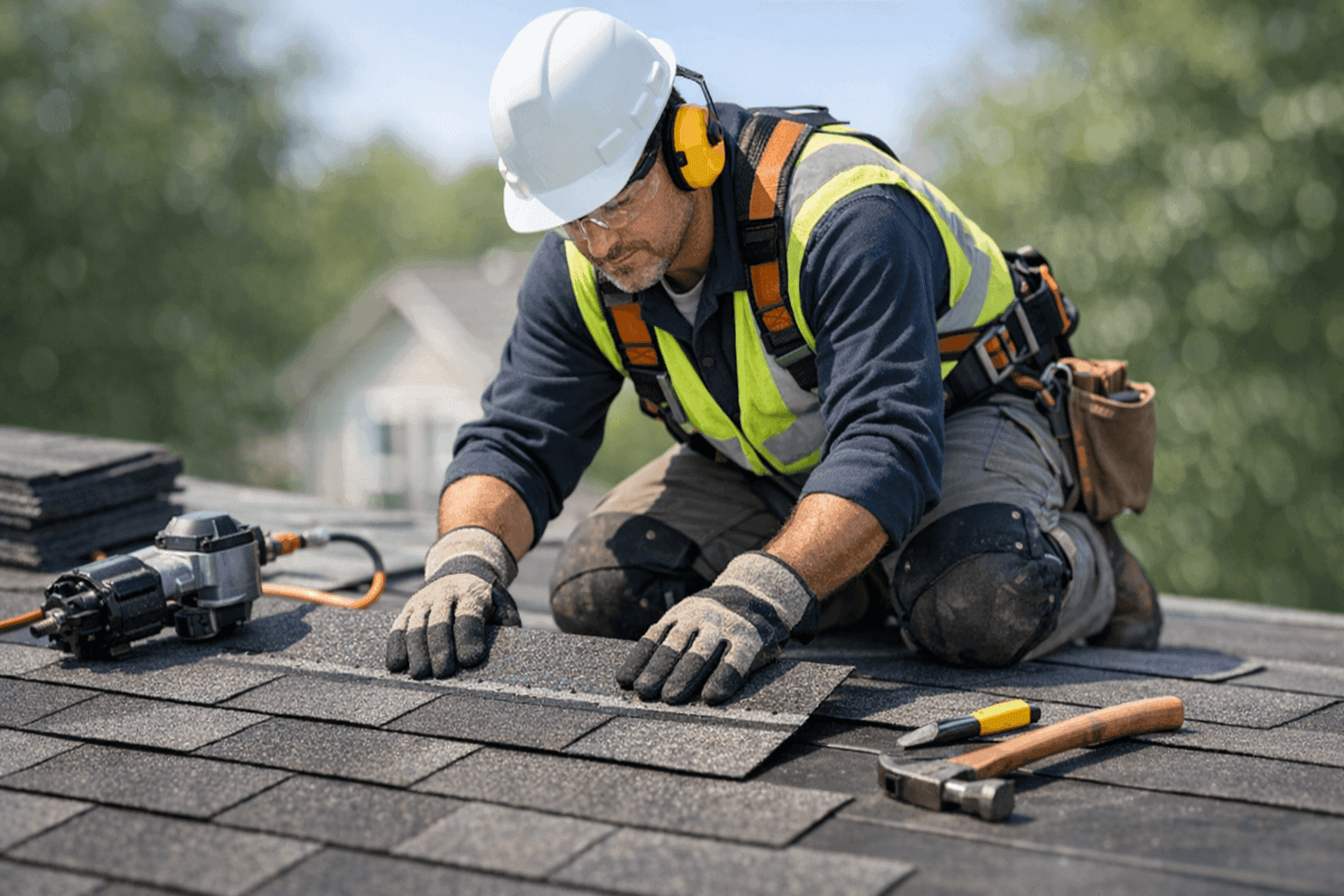 Technician installing impact-resistant shingles on roof