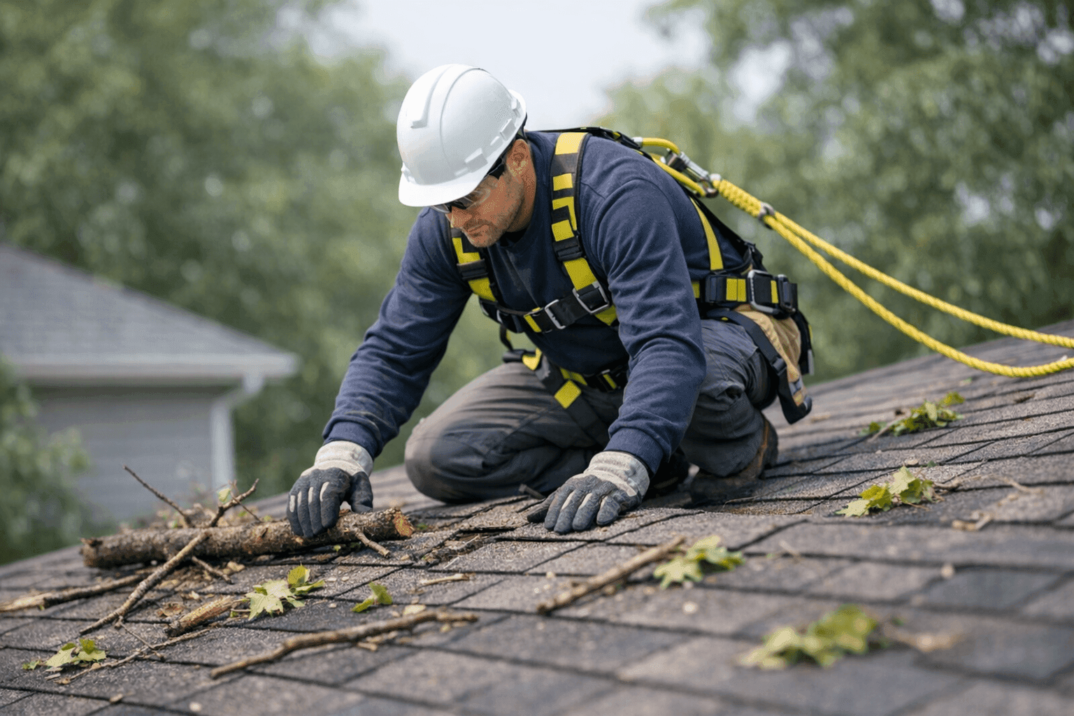 Roofing professional inspecting shingles for storm damage