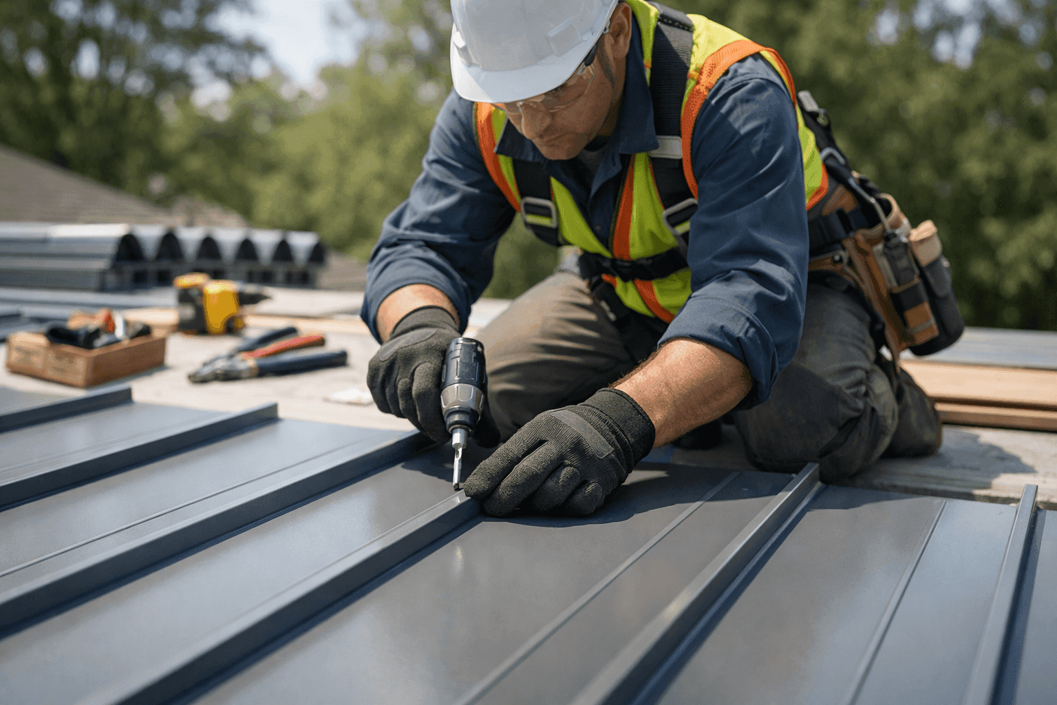 Professional installing standing seam metal roof panels