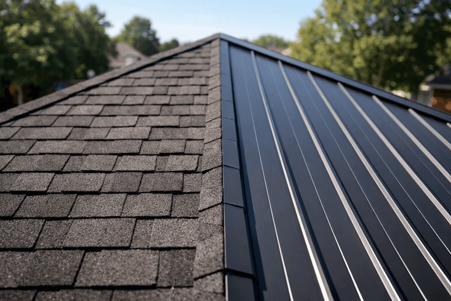 Shingle and metal roof sections side by side for comparison
