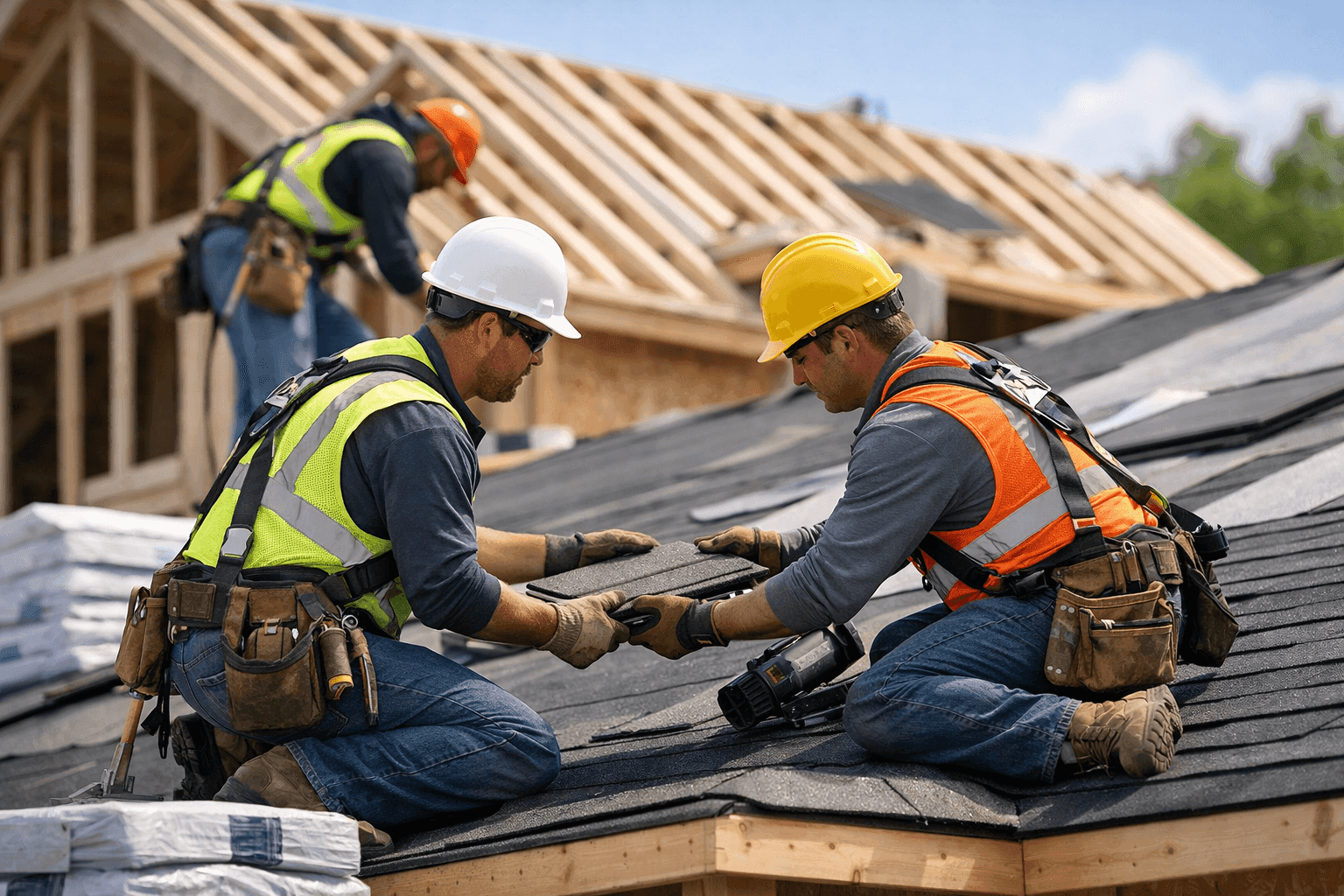 Roofers installing new roof on residential home under construction