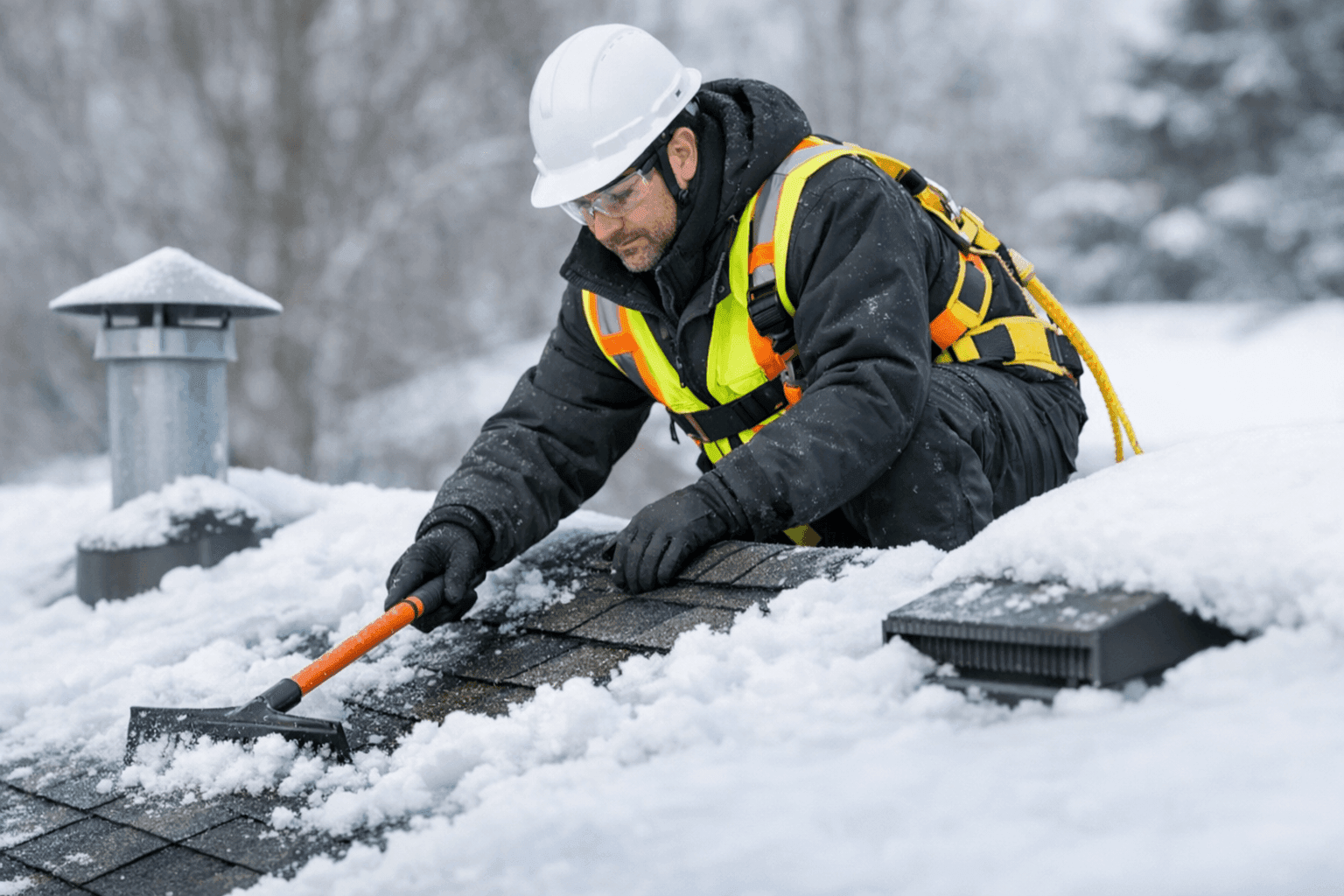 Technician clearing snow and inspecting residential roof in winter