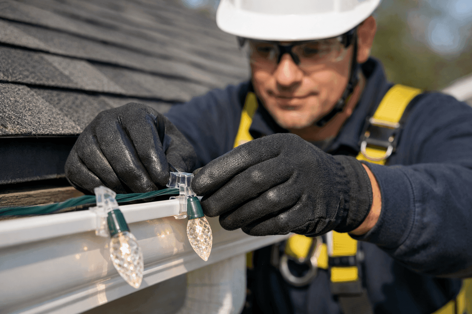 Technician safely attaching holiday lights to gutter