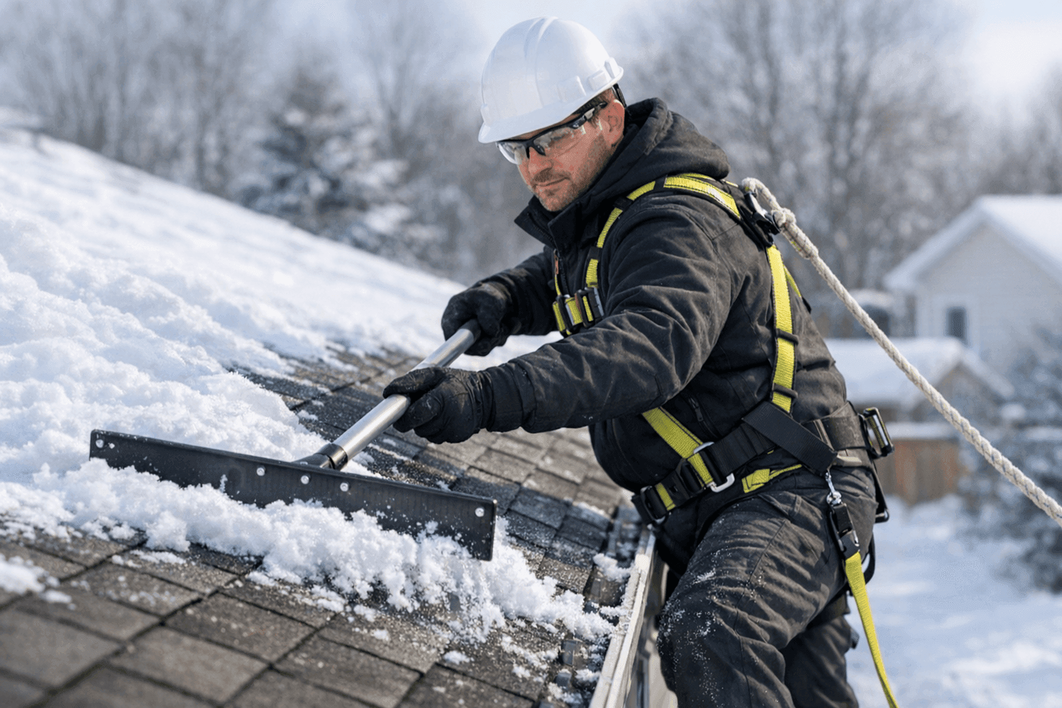 Technician clearing snow from residential roof