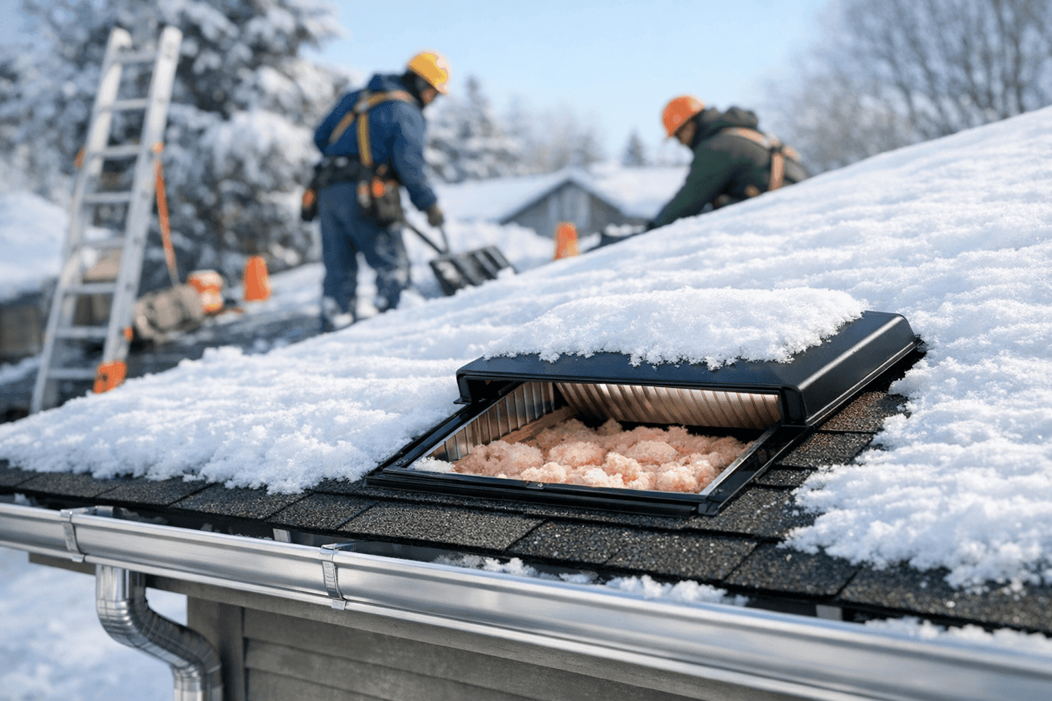 Snow-covered roof with clear gutters and insulated attic