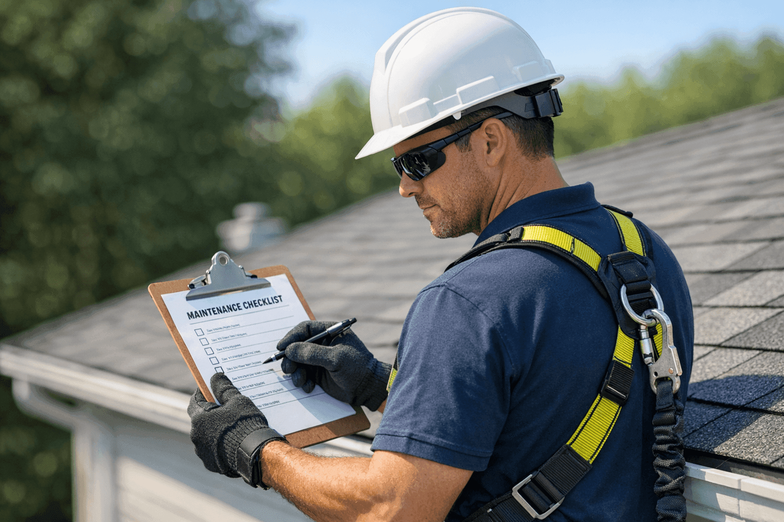 Roof technician checking maintenance checklist on residential roof
