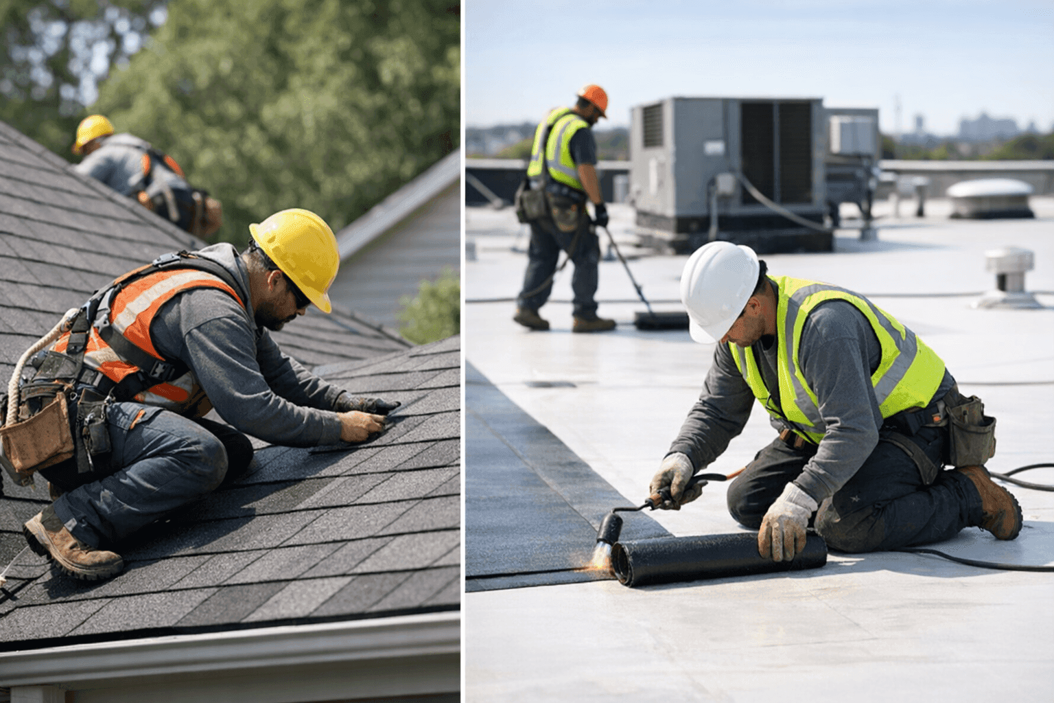 Split image of residential and commercial roofs