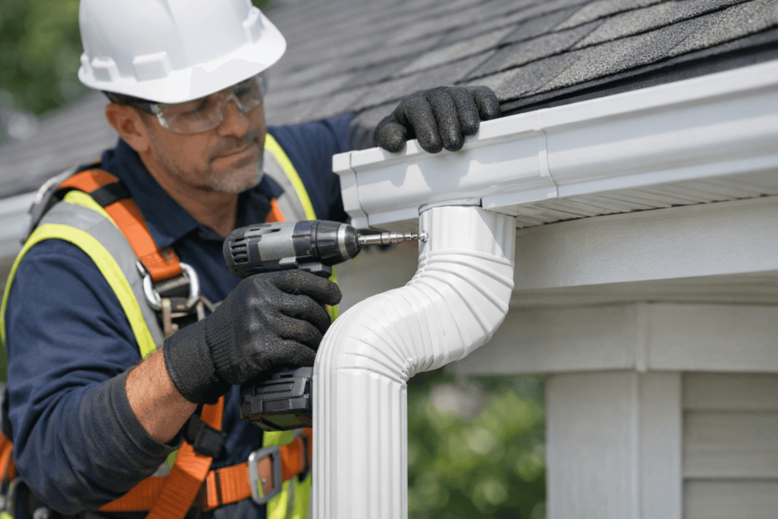Technician installing downspout on residential home