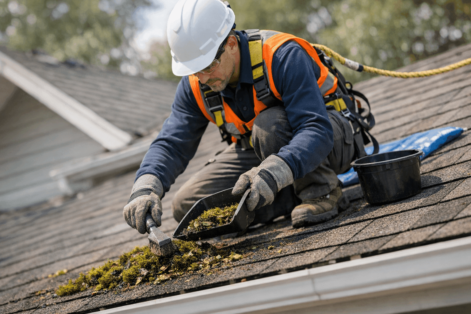 Technician cleaning moss and debris from shingle roof