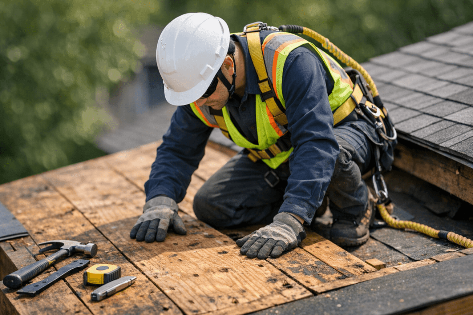 Technician inspecting roof decking under removed shingles