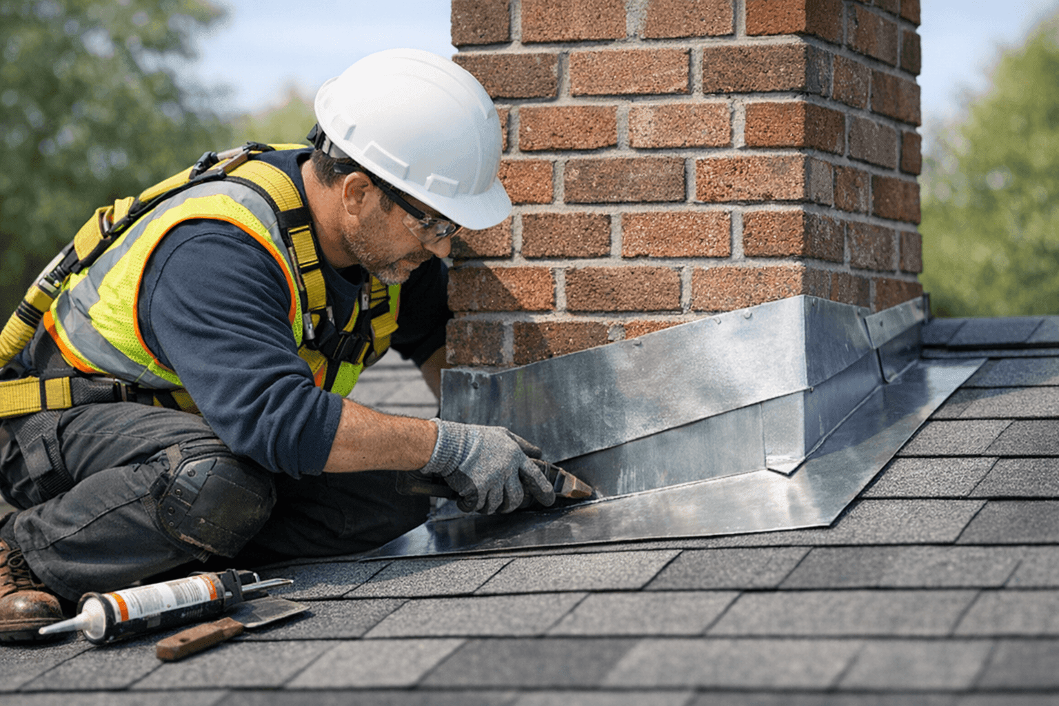 Technician repairing metal roof flashing around chimney