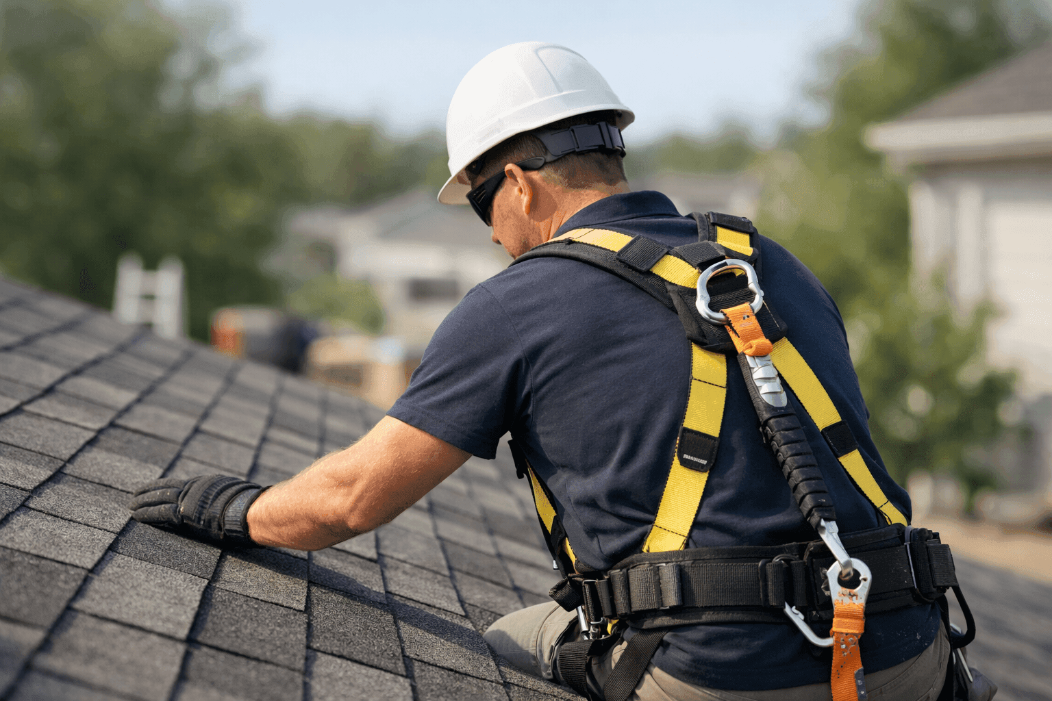 Inspector examining roof shingles for damage on residential home