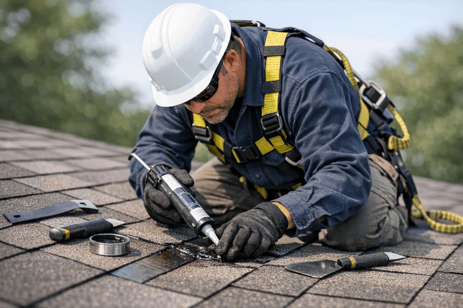 Technician repairing roof leak with sealant and tools