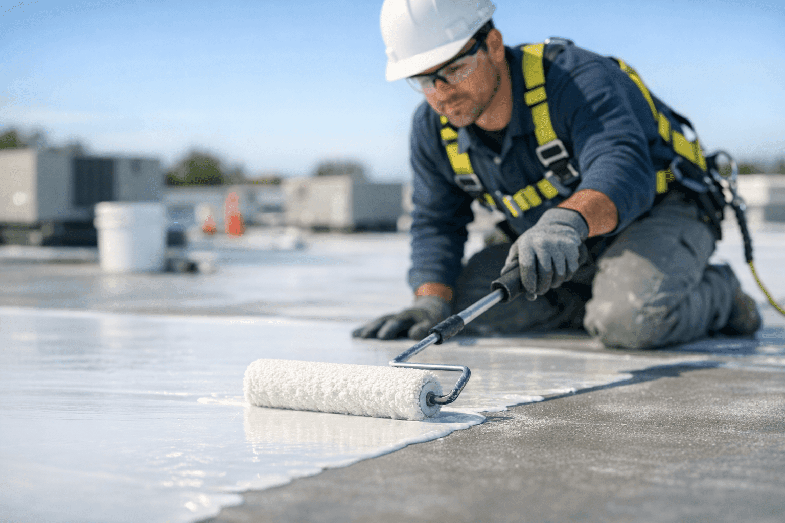 Technician applying protective roof coating on flat roof