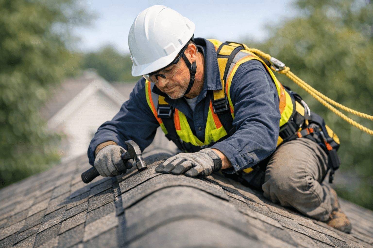 Technician inspecting ridge cap on shingle roof