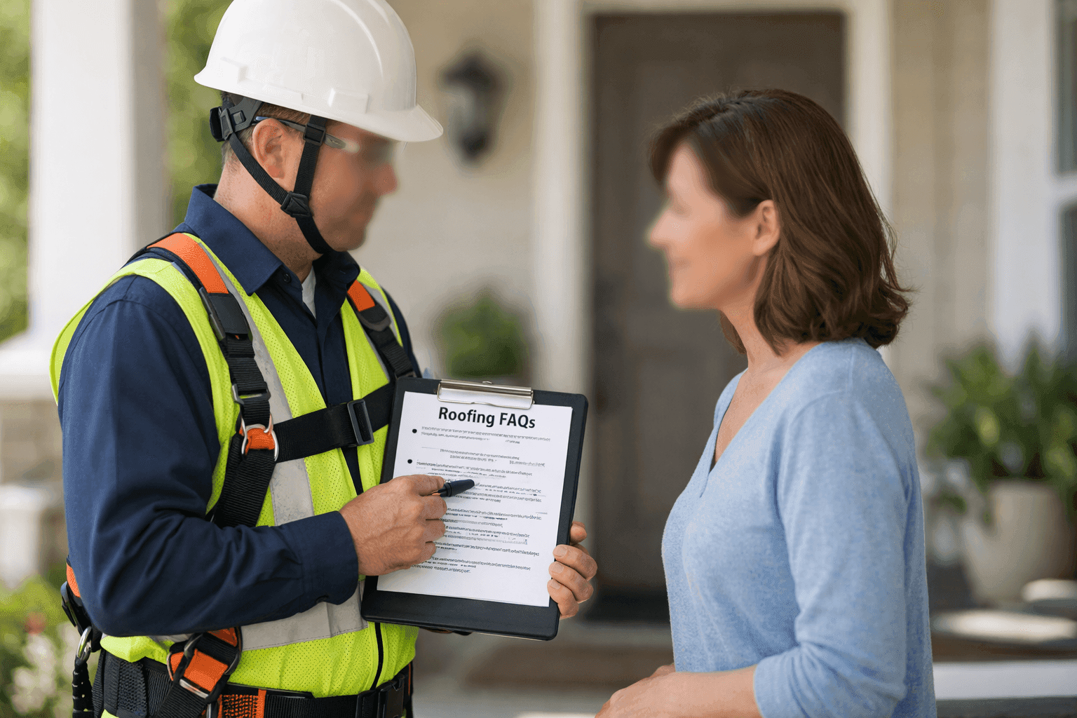 Technician answering homeowner’s roofing questions on clipboard
