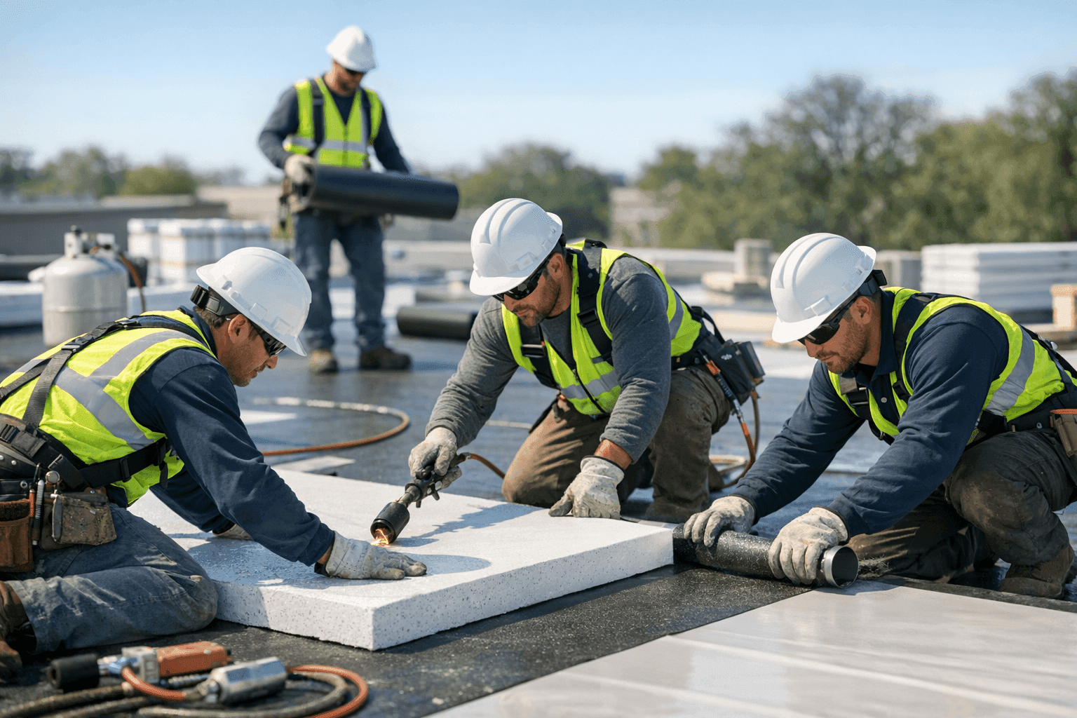 Roofers installing commercial flat roof on new building