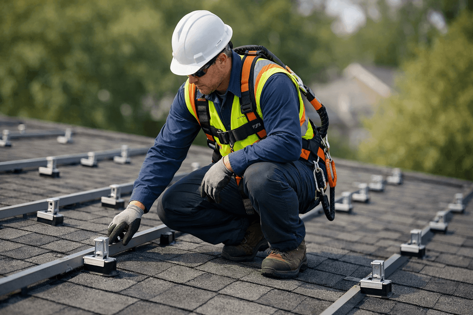 Technician inspecting shingle roof before solar panel install