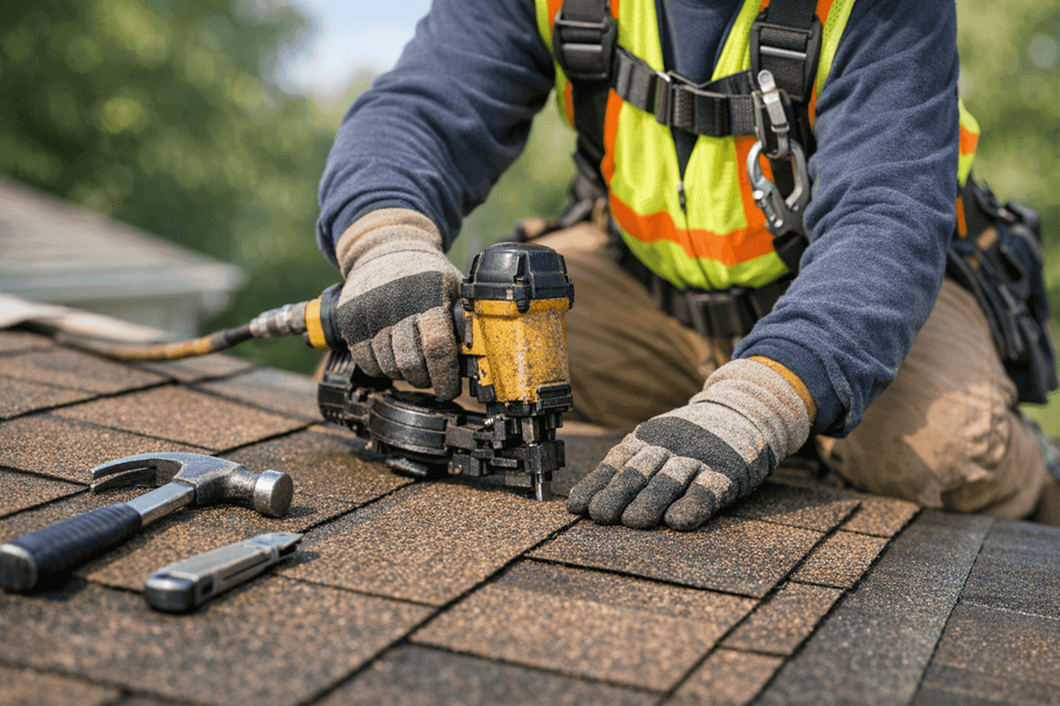 Close-up of professional installing new asphalt shingles