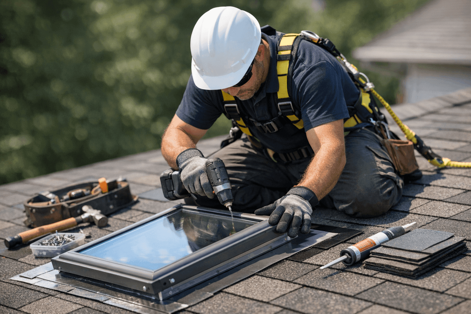 Technician installing skylight on residential roof