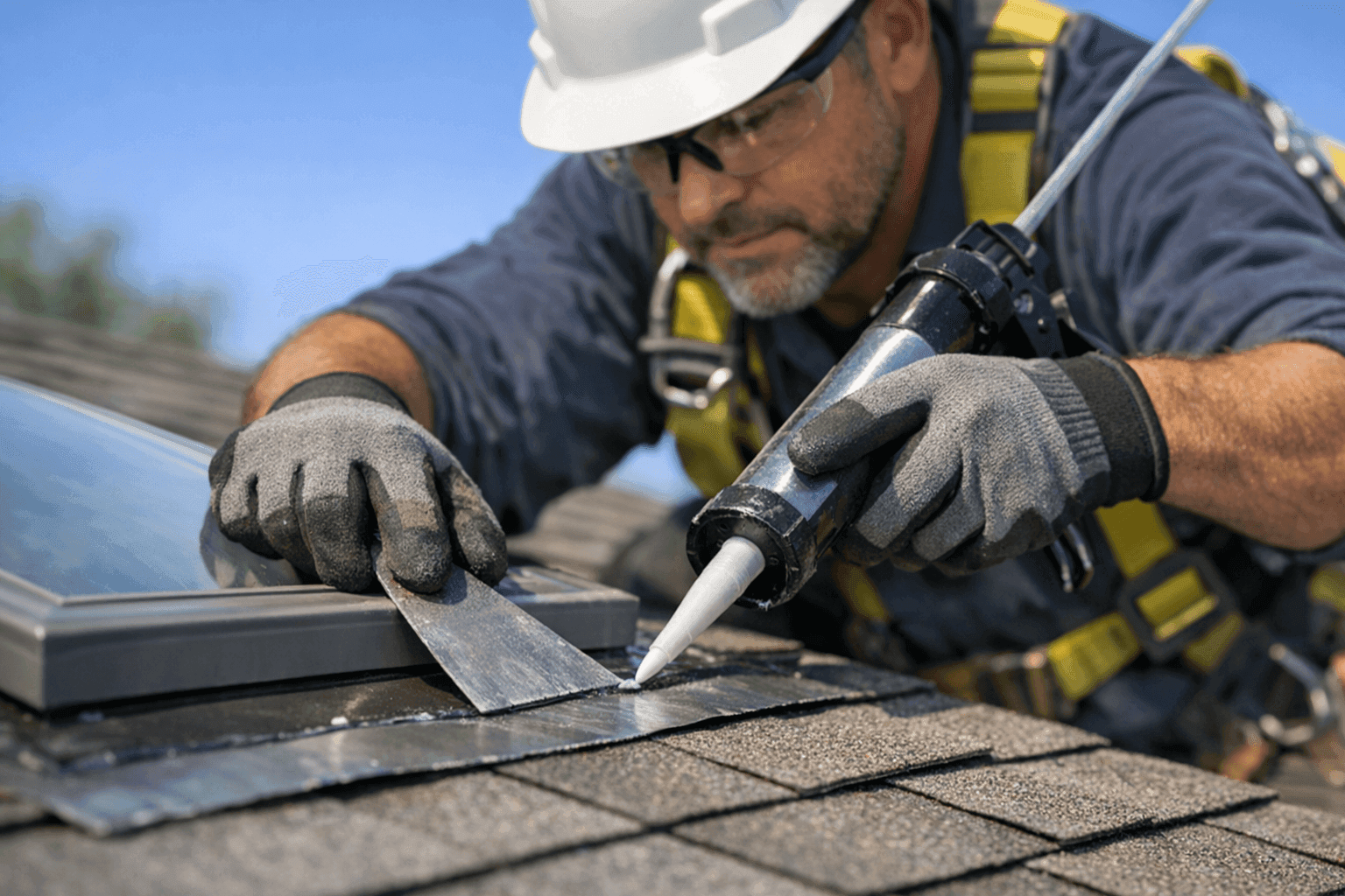 Technician repairing skylight flashing on residential roof