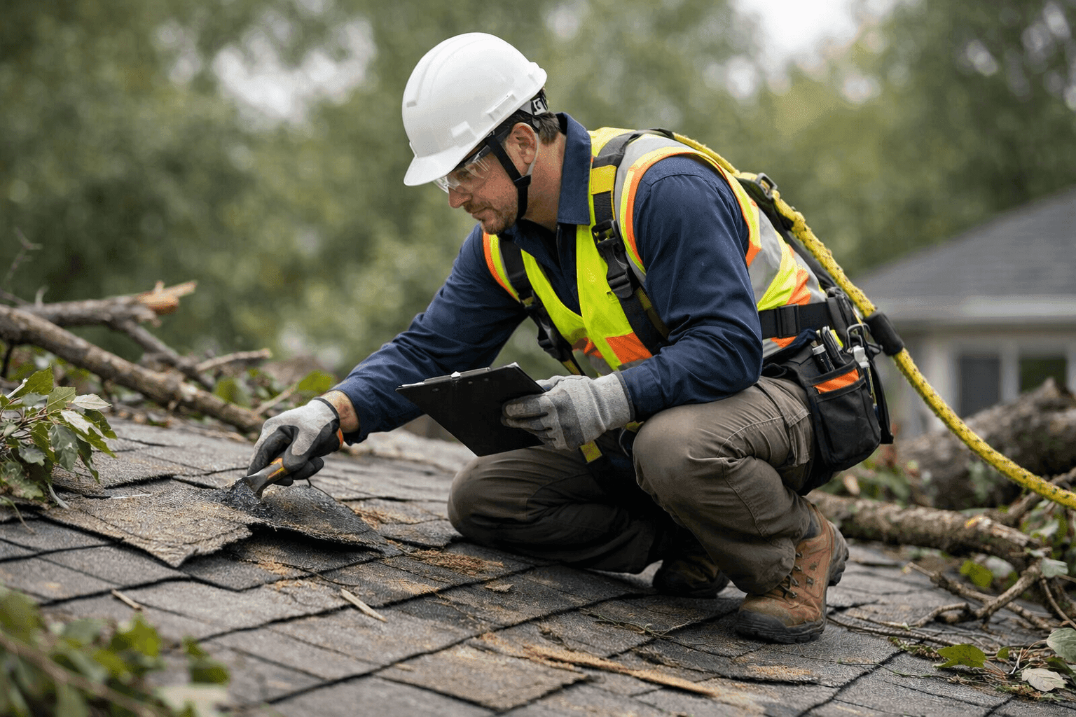 Technician inspecting roof damage after severe storm