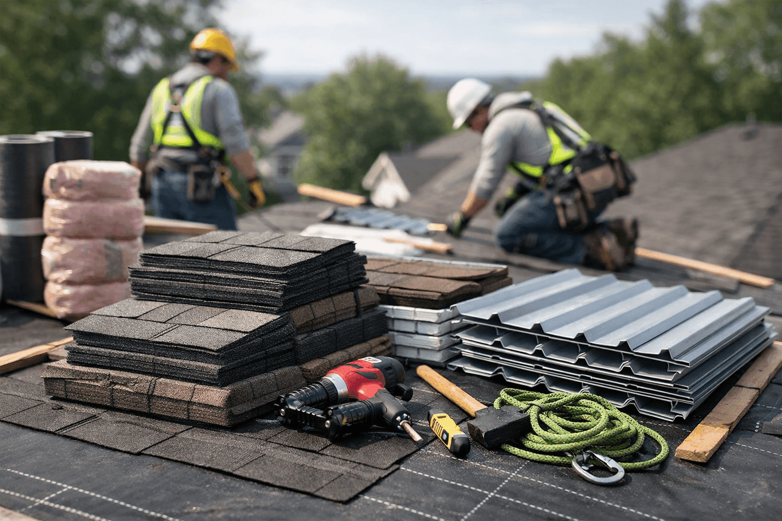 Wide view of new roofing materials being installed on large roof