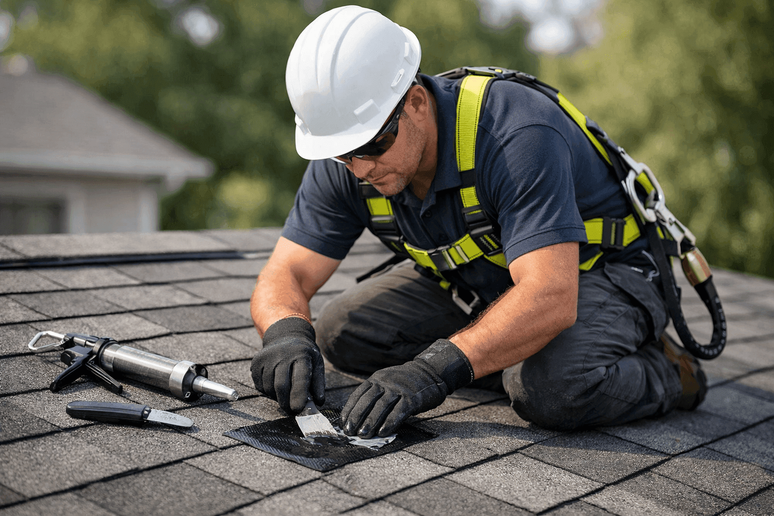 Technician patching a leak on residential shingle roof